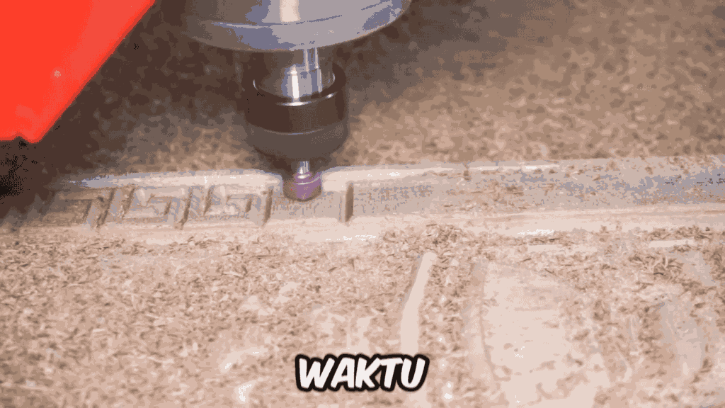 Keunggulan Mesin CNC Router / Mesin Ukir Potong Kayu 3 Close-up dari mata pahat mesin CNC Router yang sedang mengukir angka atau tulisan pada permukaan kayu dengan presisi tinggi.