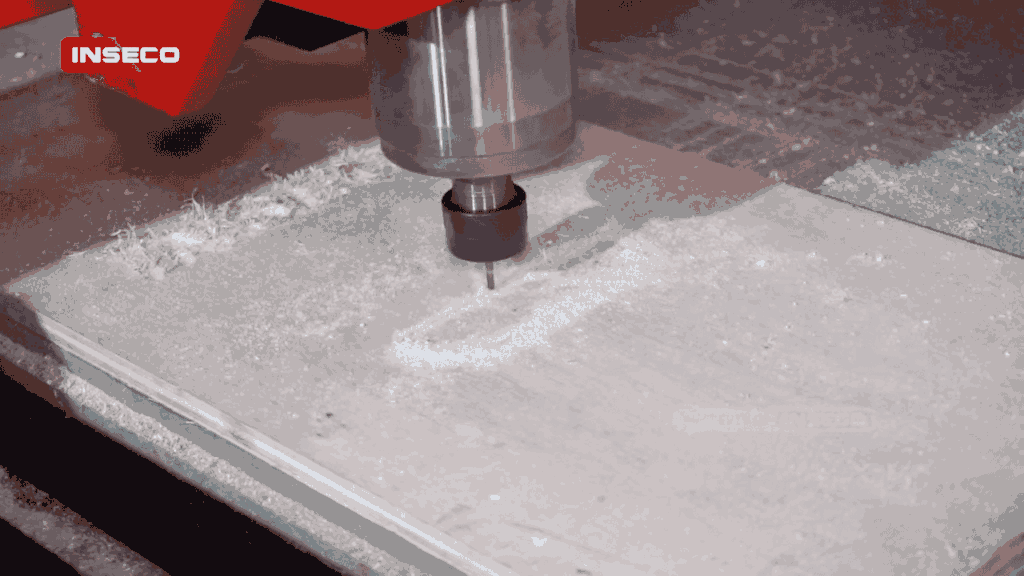 Mesin CNC Inseco mengukir lubang presisi di triplek MDF untuk komponen box speaker dengan hasil rapi