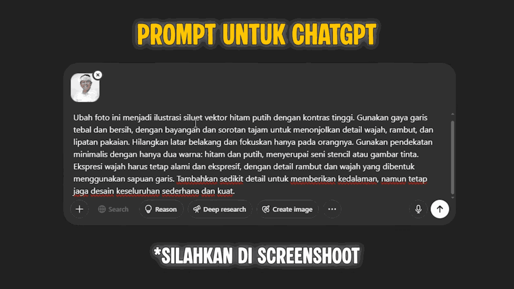 Prompt untuk ChatGPT yang menjelaskan cara mengubah foto menjadi desain siluet vektor hitam-putih dengan detail ekspresif untuk ukiran mesin CNC