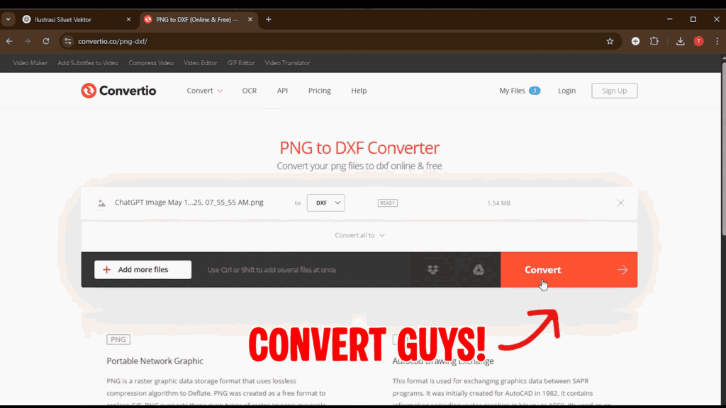 Proses konversi gambar PNG ke format DXF menggunakan situs Convertio untuk mempersiapkan desain ukiran mesin CNC